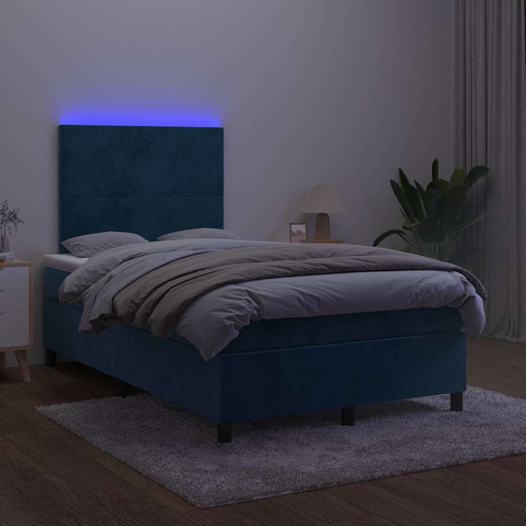 Cama box spring colchão LED 120x190cm couro artif. azul-escuro