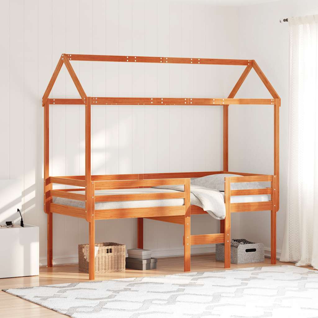 Cama alta com telhado 90x200 cm pinho maciço castanho-mel
