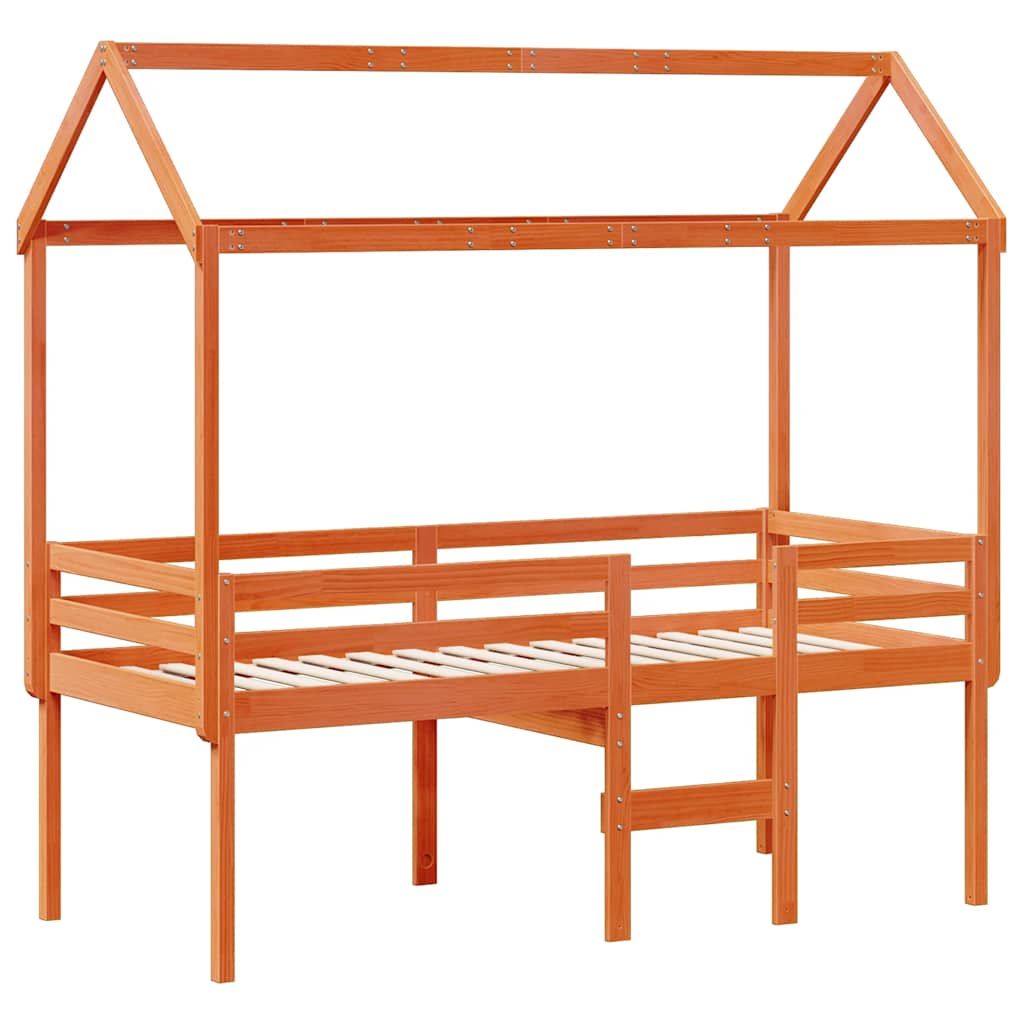 Cama alta com telhado 90x200 cm pinho maciço castanho-mel
