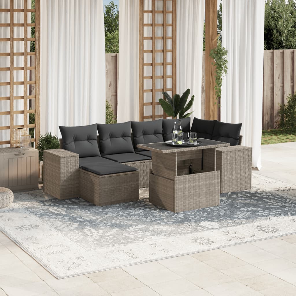 7 Pcs conj. sofás jardim com almofadões vime PE cinzento-claro