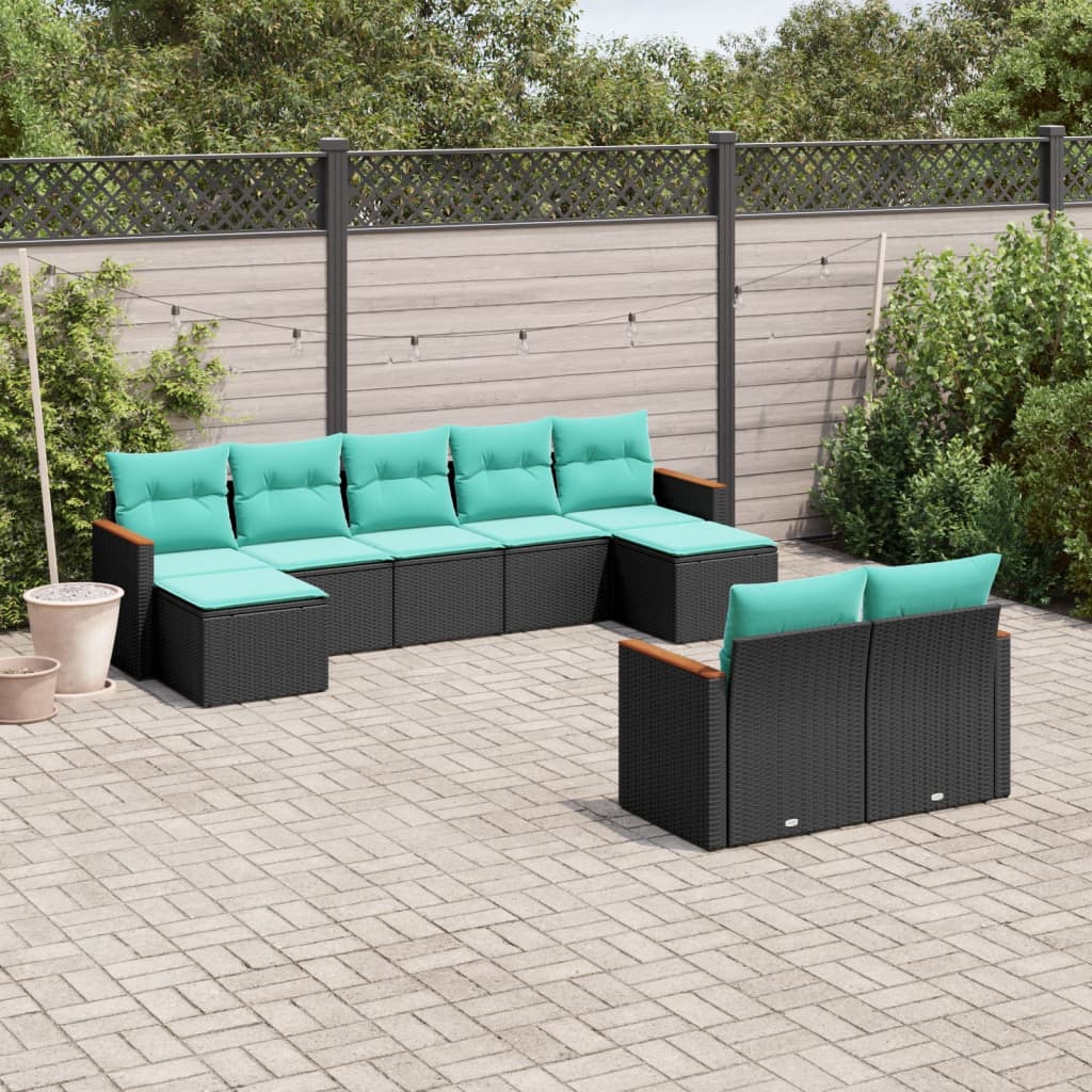 Conjunto de sofá de jardim de 9 peças com almofadas em rattan sintético preto
