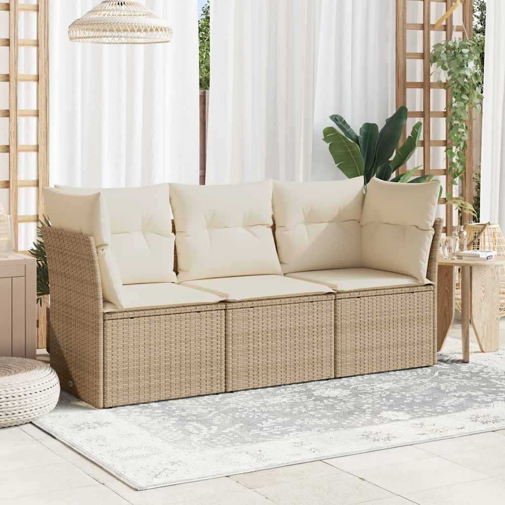 3 Pcs conjunto de sofás p/ jardim com almofadões vime PE bege