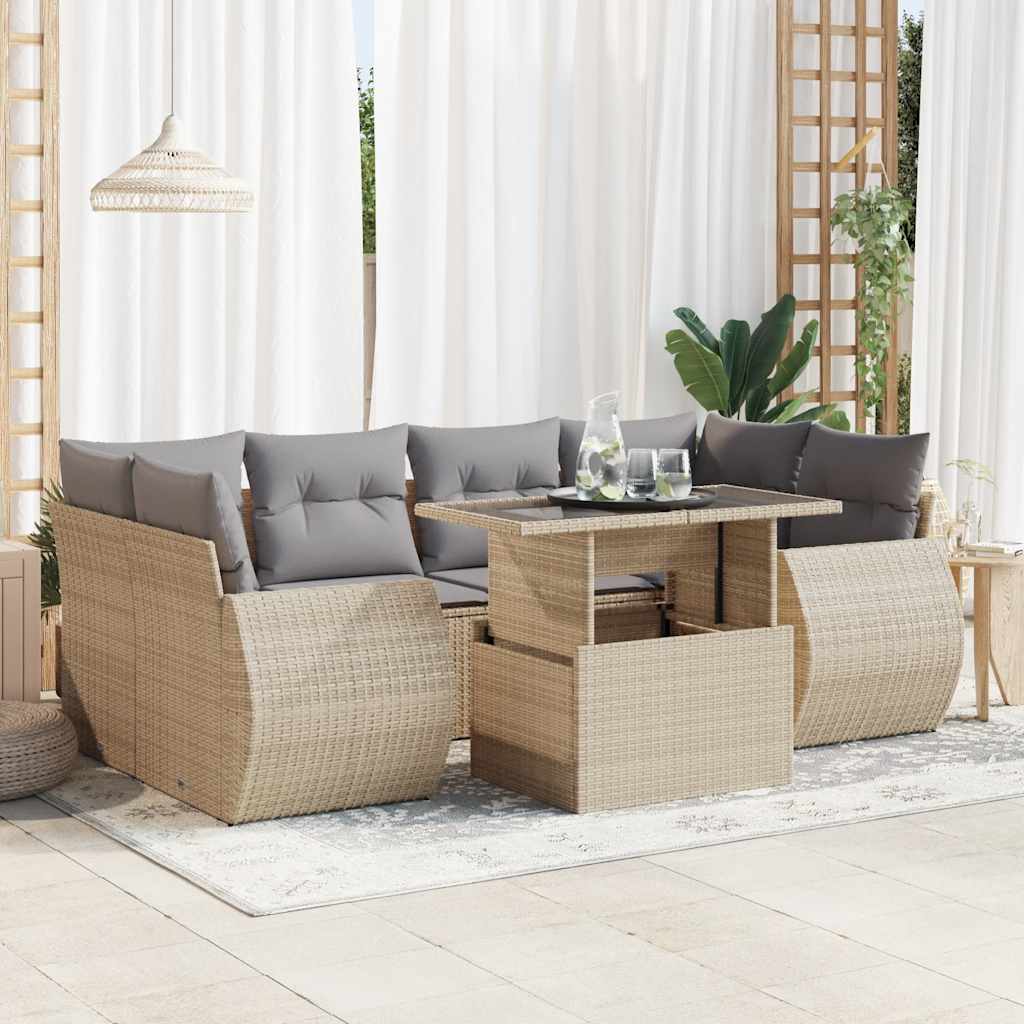 7 Pcs conjunto de sofás p/ jardim com almofadões vime PE bege