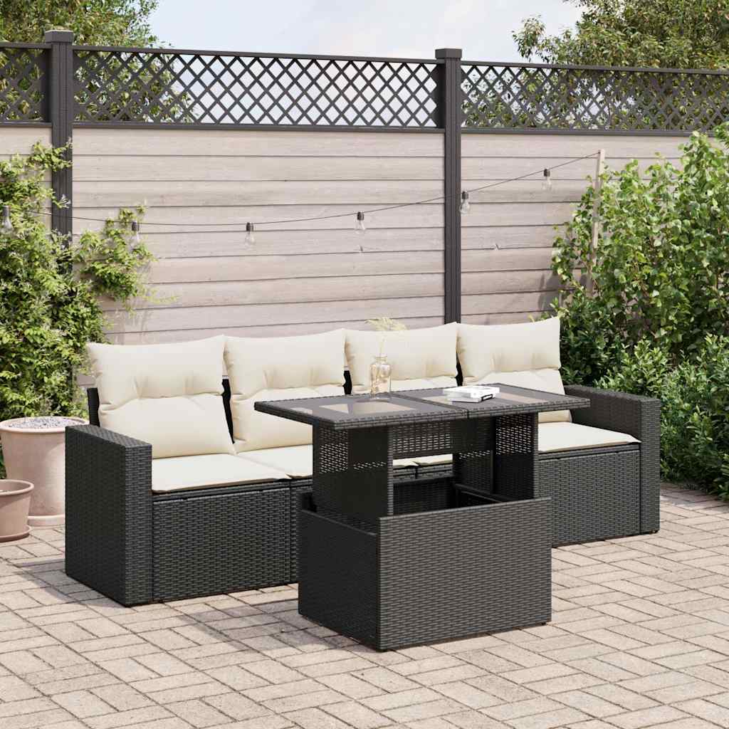 5 Pcs conjunto sofás de jardim com almofadões vime PE preto