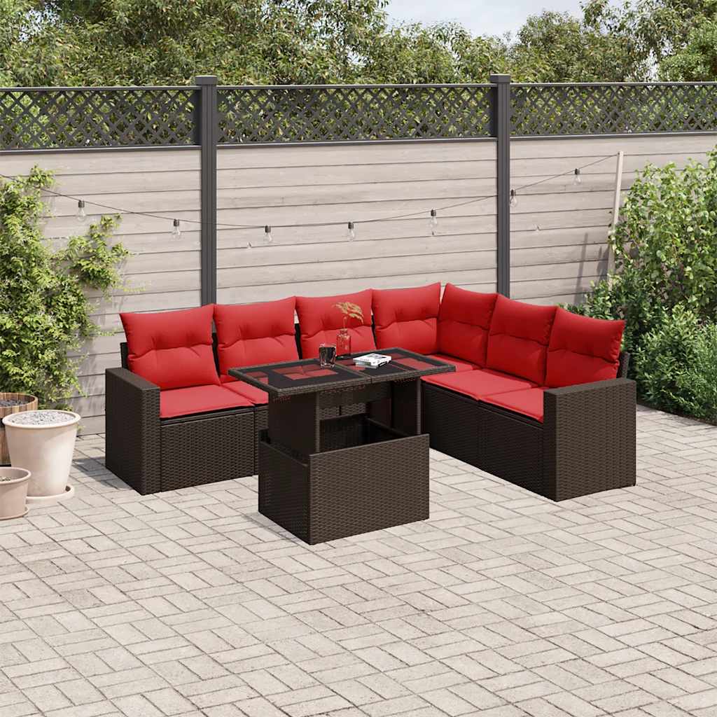 Conjunto de sofá de jardim com 7 peças e almofadas em rattan sintético marrom