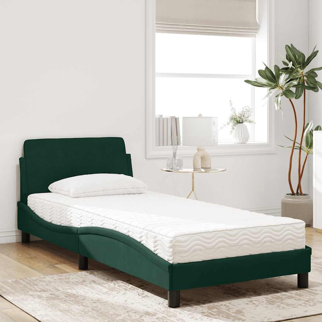 Cama com colchão dover 90x200 cm veludo verde-escuro