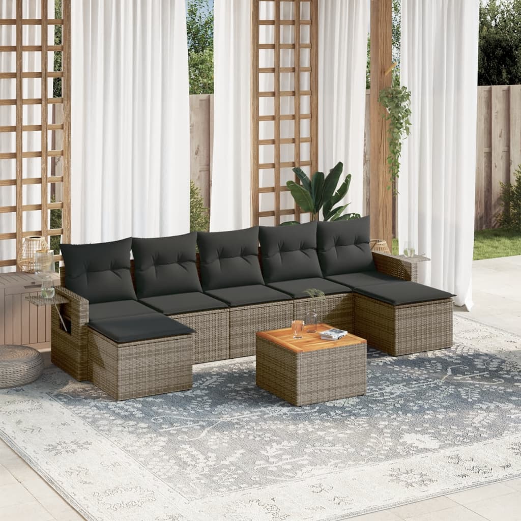 8 Pcs conjunto sofás de jardim c/ almofadões vime PE cinzento