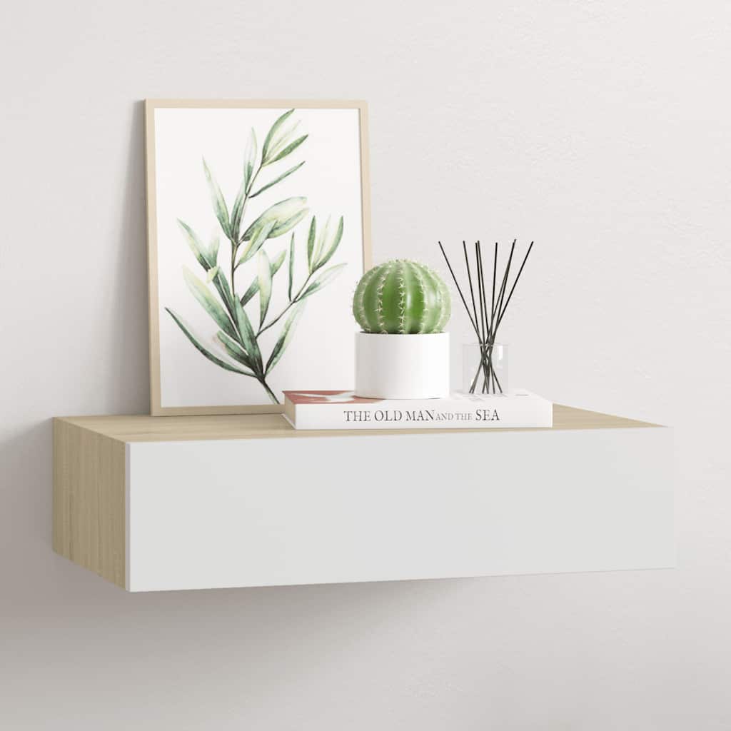 Prateleira de parede com gaveta em carvalho e branco 40x23,5x10 cm MDF