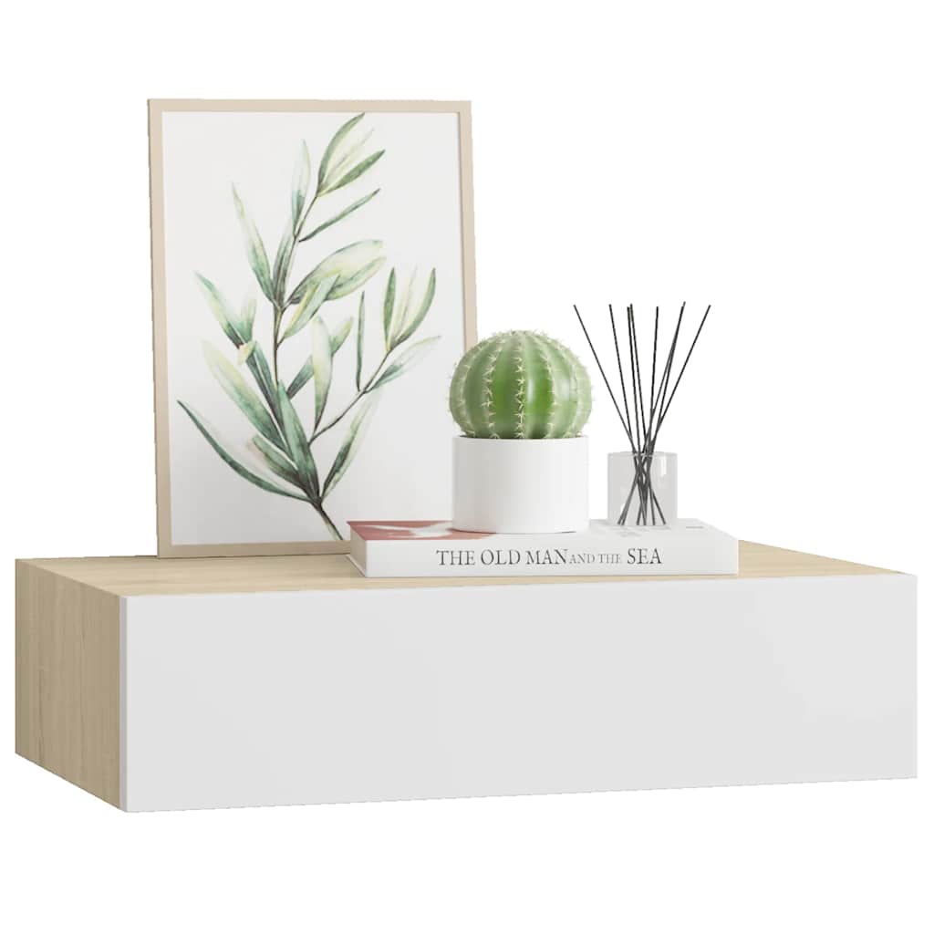 Prateleira de parede com gaveta em carvalho e branco 40x23,5x10 cm MDF