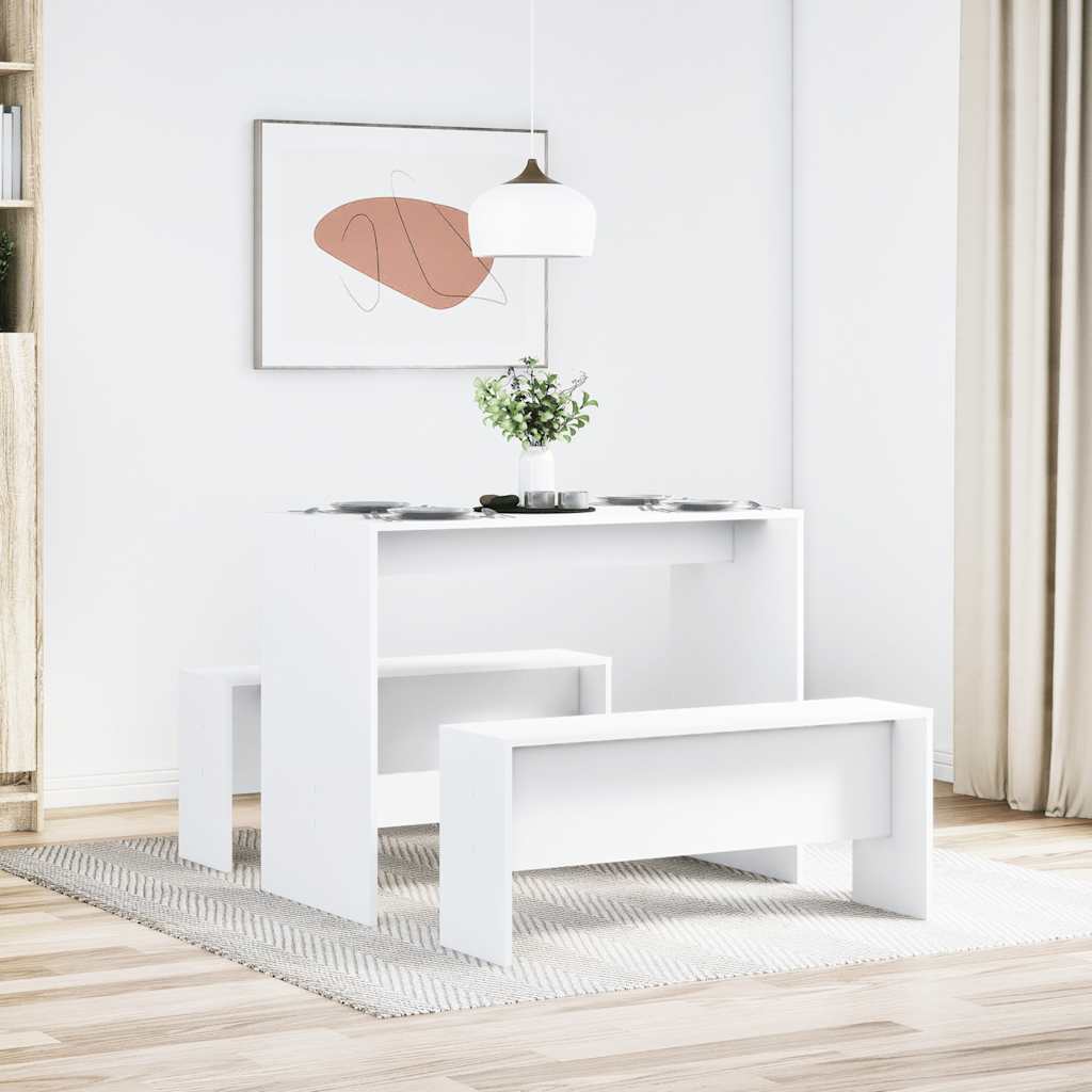 3 Pcs conj. mesa de jantar e banco derivados de madeira branco