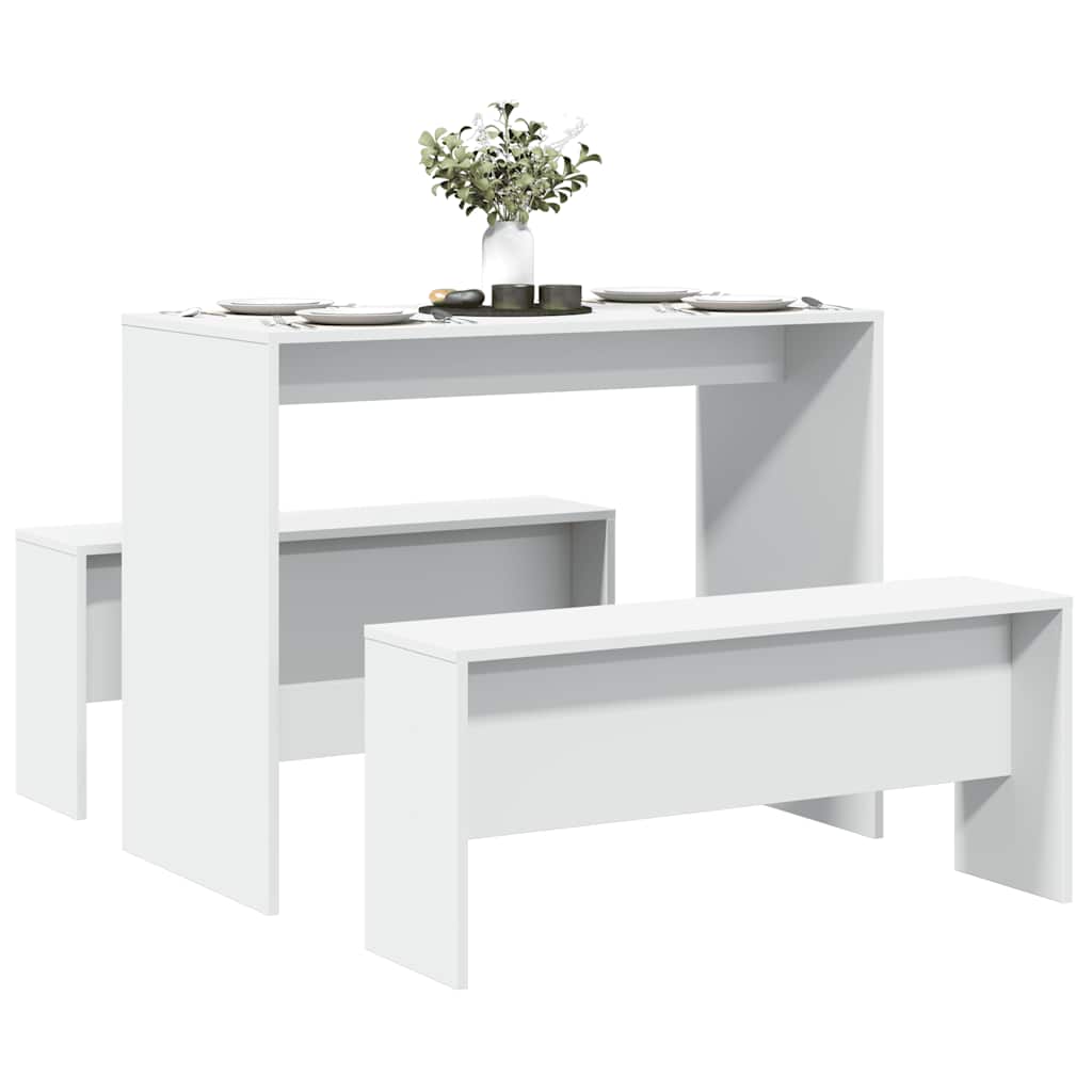 3 Pcs conj. mesa de jantar e banco derivados de madeira branco