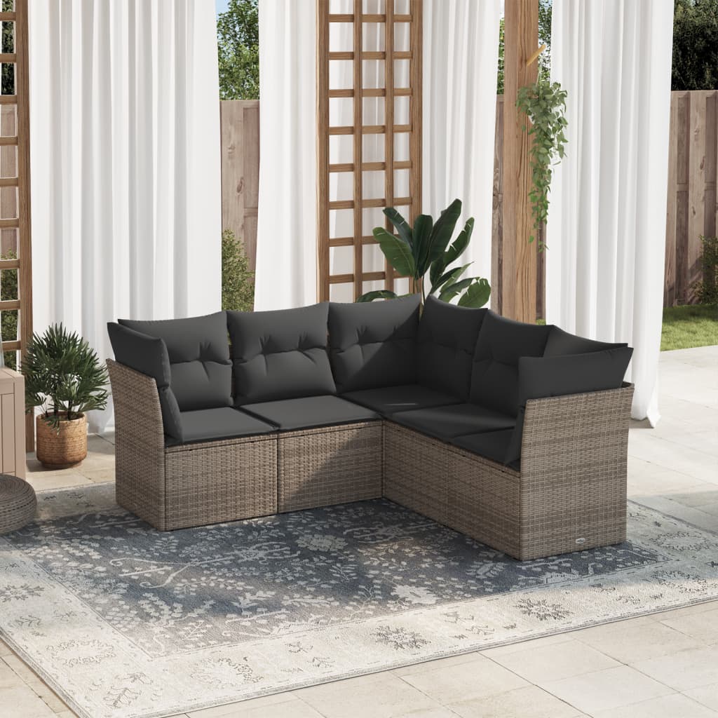 5 Pcs conjunto sofás de jardim c/ almofadões vime PE cinzento