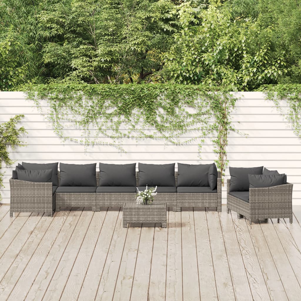 9 Pcs conjunto lounge de jardim c/ almofadões vime PE cinzento