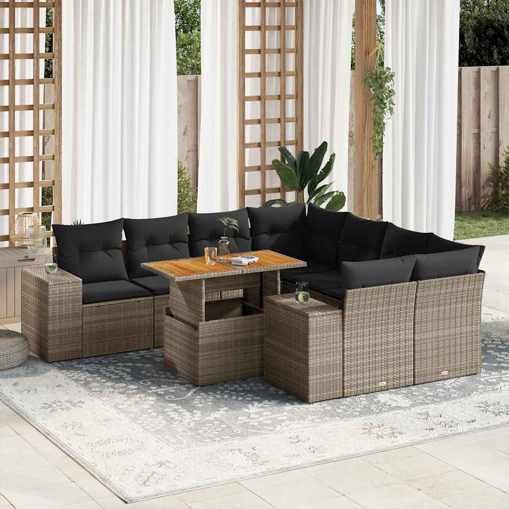 9 Pcs conjunto sofás p/ jardim com almofadões vime PE cinzento