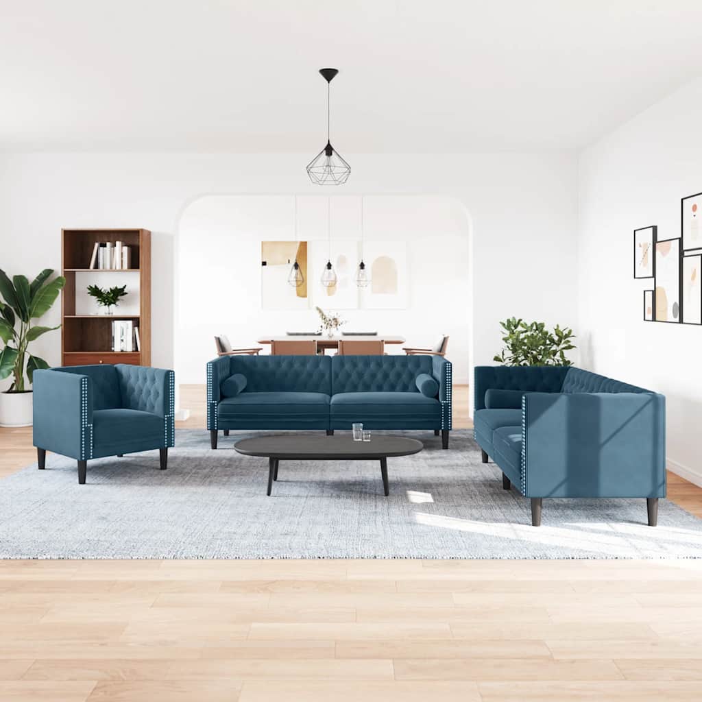 3 Pcs conjunto de sofás chesterfield com rolos veludo azul