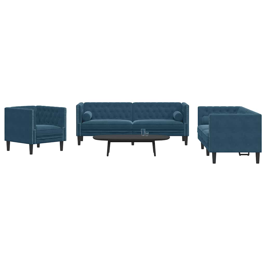 3 Pcs conjunto de sofás chesterfield com rolos veludo azul