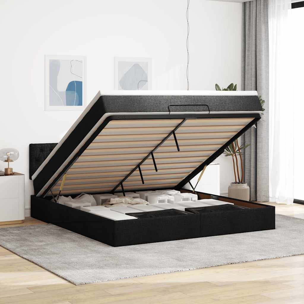 Cama otomana com colchão & leds 180x200cm tecido preto