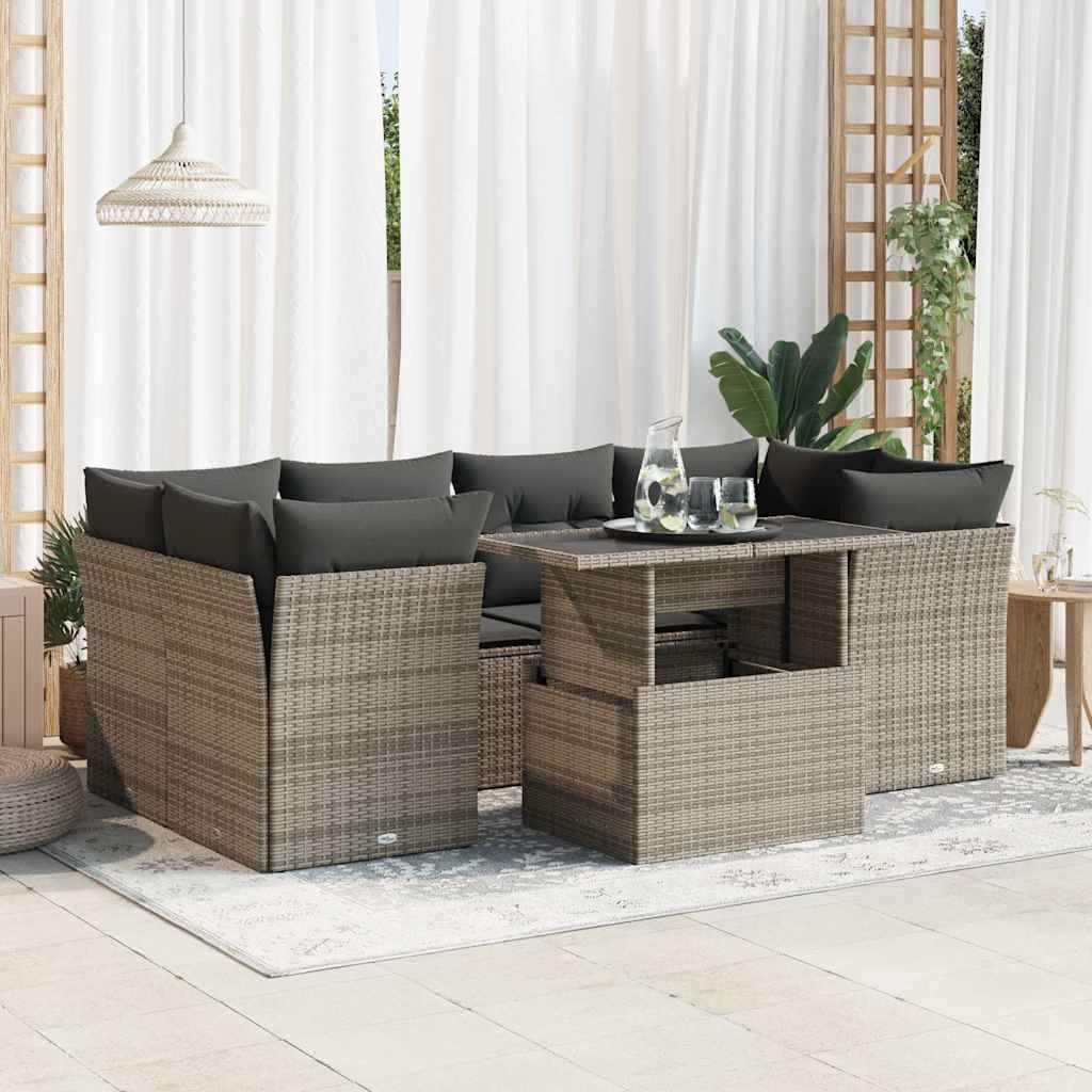 7 Pcs conjunto sofás p/ jardim c/ almofadões vime PE cinzento