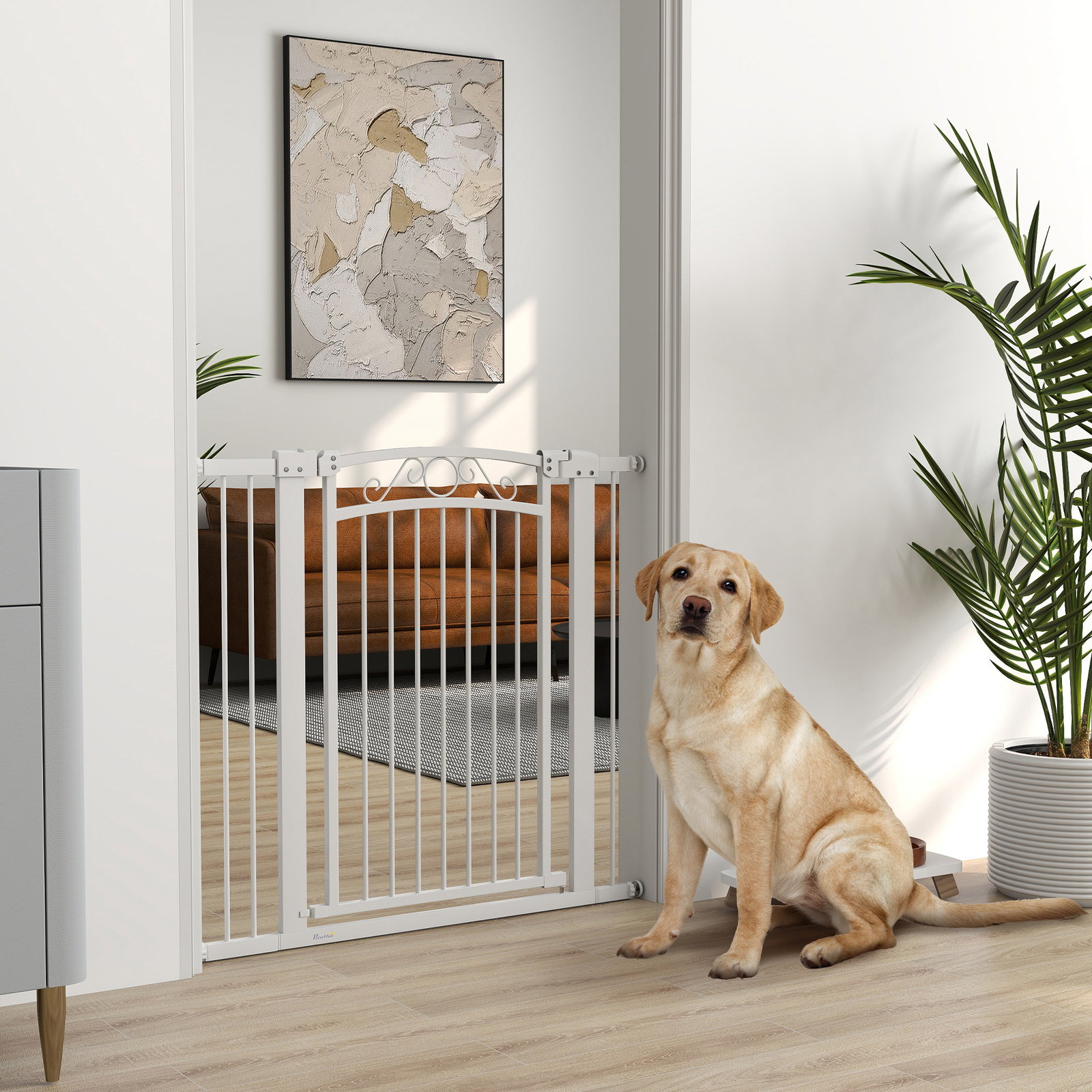 Barreira de segurança para cães extensível 76-102 cm barreira para animais de estimação com 2 extensões duplo bloqueio branco