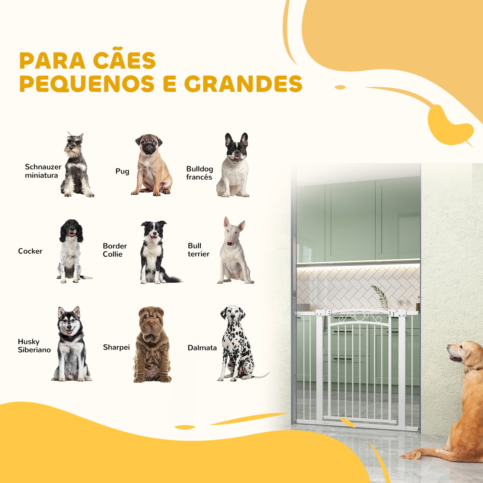Barreira de segurança para cães extensível 76-102 cm barreira para animais de estimação com 2 extensões duplo bloqueio branco