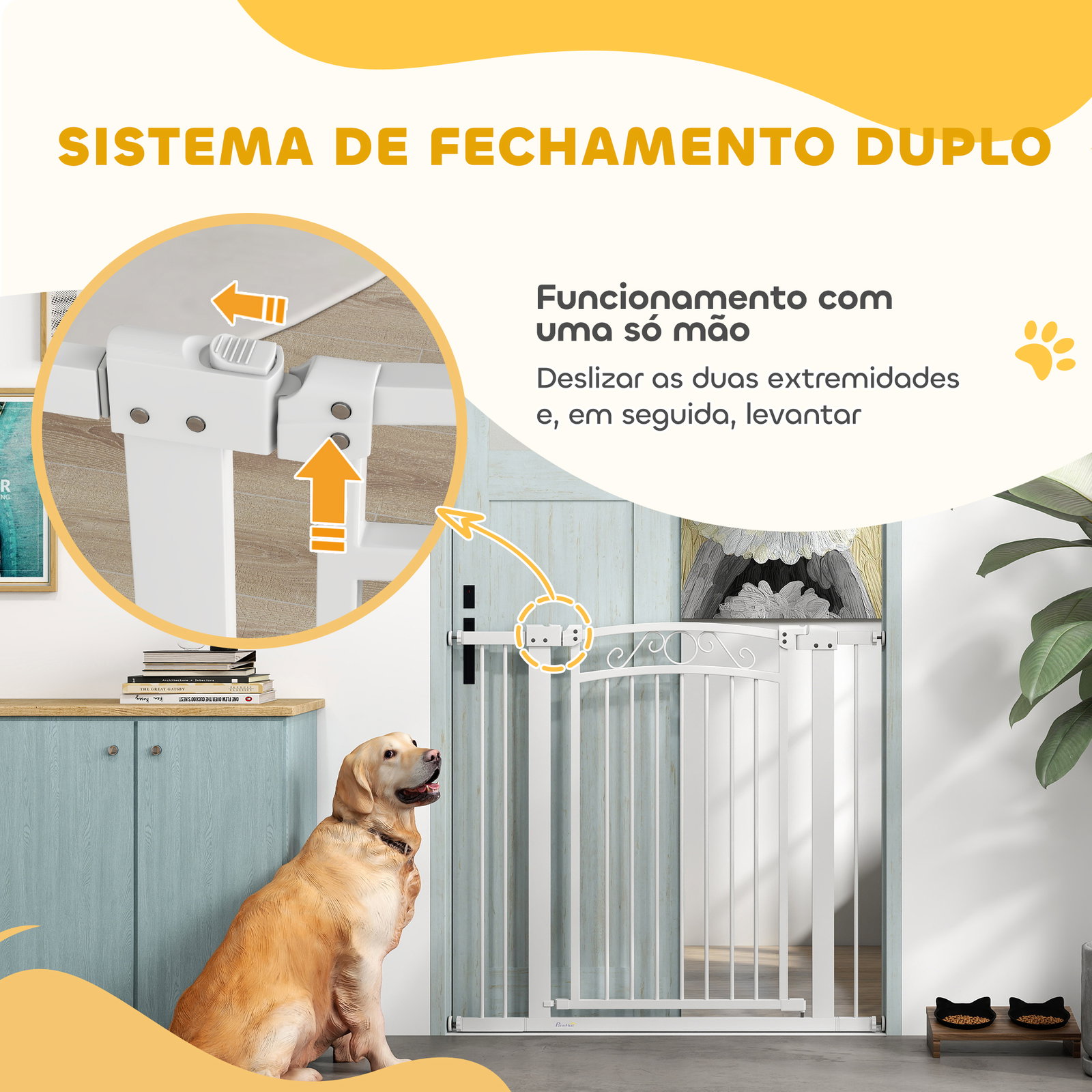 Barreira de segurança para cães extensível 76-102 cm barreira para animais de estimação com 2 extensões duplo bloqueio branco