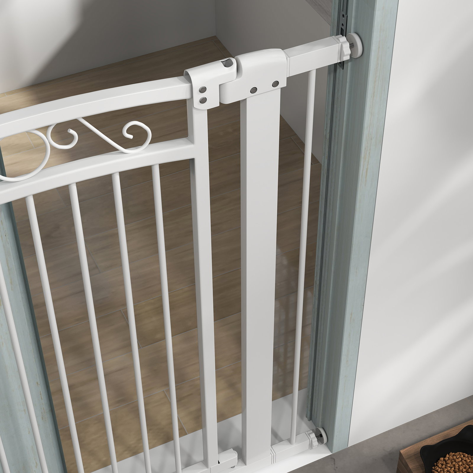 Barreira de segurança para cães extensível 76-102 cm barreira para animais de estimação com 2 extensões duplo bloqueio branco