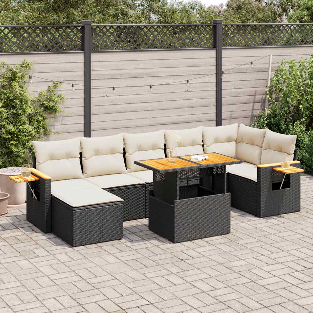 8 Pcs conjunto sofás jardim com almofadões vime PE/acácia preto