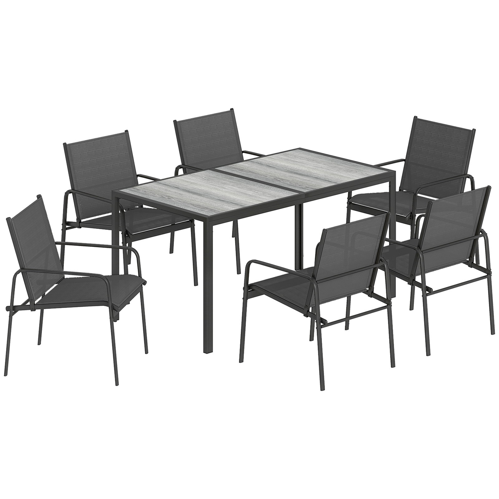 Conjunto de mesa e cadeiras de jardim de 7 peças com mesa com efeito madeira e 6 cadeiras com assento respirável preto