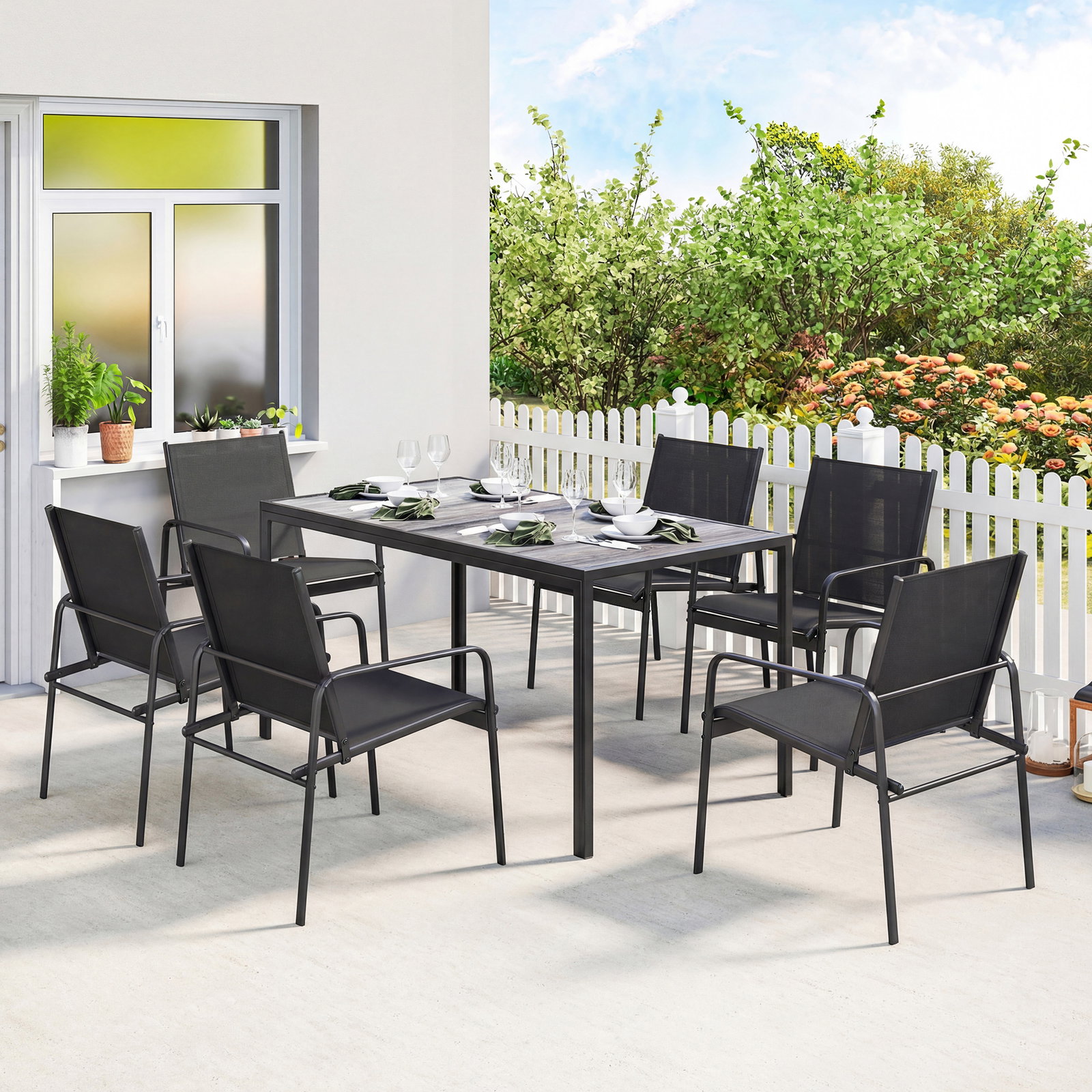 Conjunto de mesa e cadeiras de jardim de 7 peças com mesa com efeito madeira e 6 cadeiras com assento respirável preto