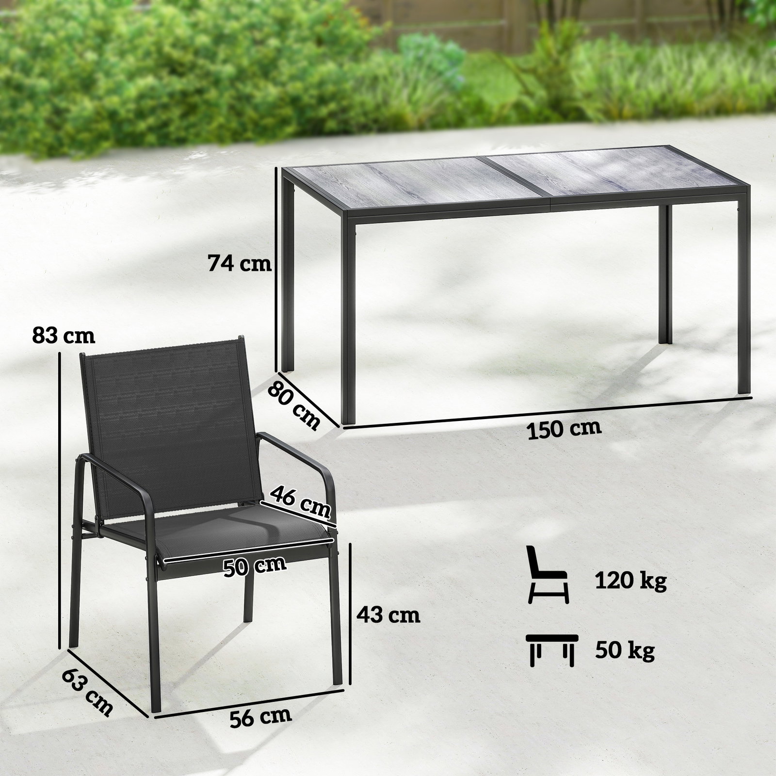 Conjunto de mesa e cadeiras de jardim de 7 peças com mesa com efeito madeira e 6 cadeiras com assento respirável preto