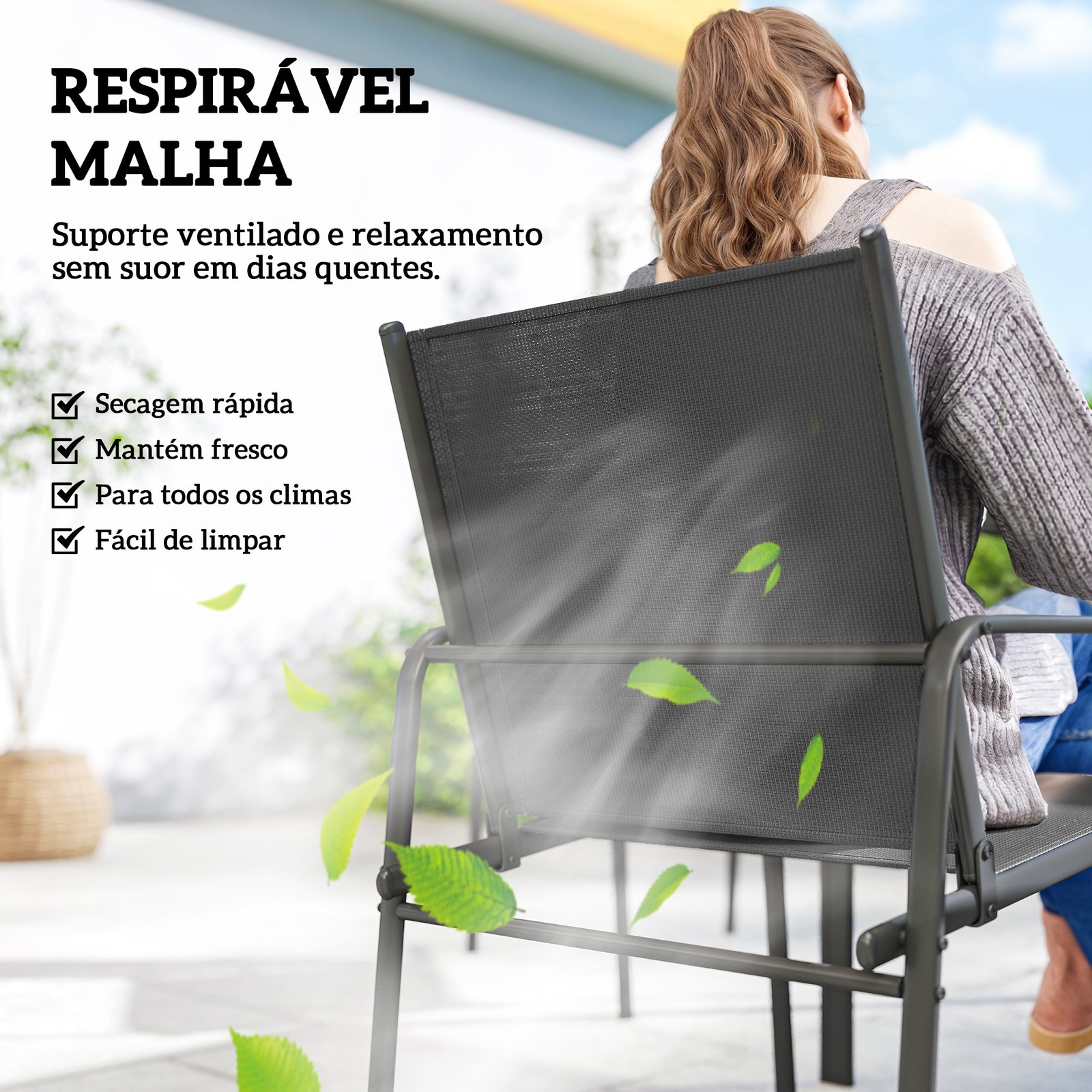 Conjunto de mesa e cadeiras de jardim de 7 peças com mesa com efeito madeira e 6 cadeiras com assento respirável preto