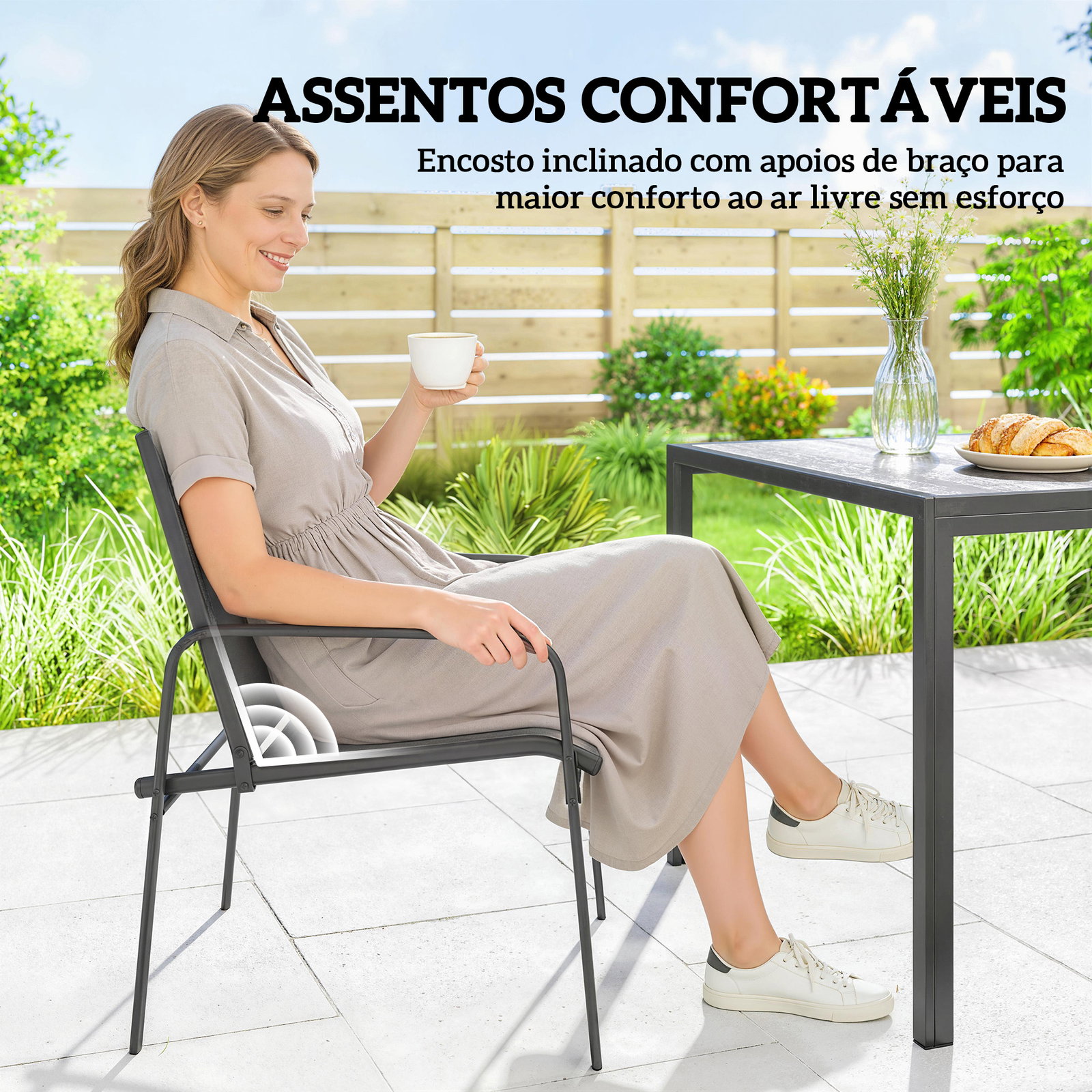 Conjunto de mesa e cadeiras de jardim de 7 peças com mesa com efeito madeira e 6 cadeiras com assento respirável preto