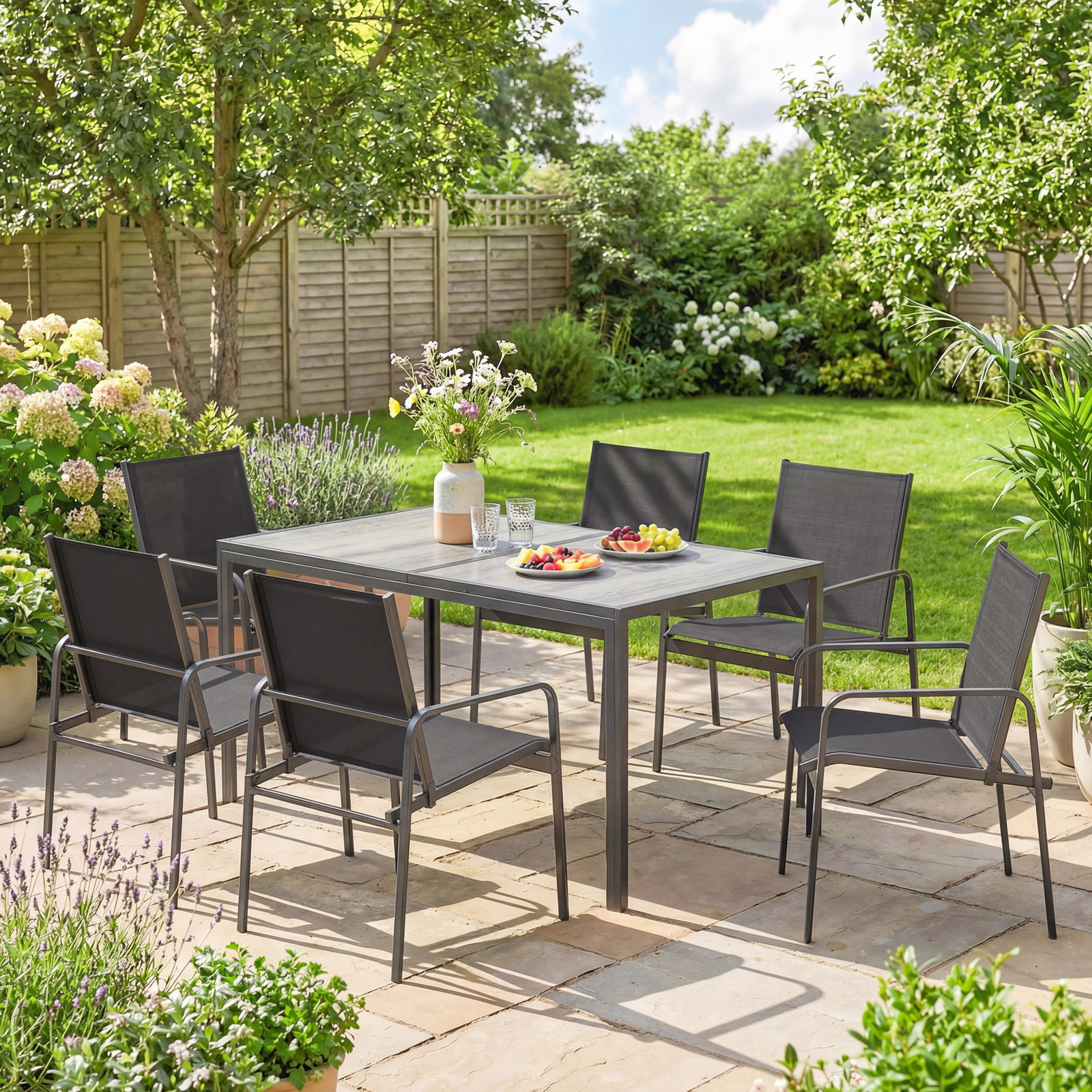 Conjunto de mesa e cadeiras de jardim de 7 peças com mesa com efeito madeira e 6 cadeiras com assento respirável preto