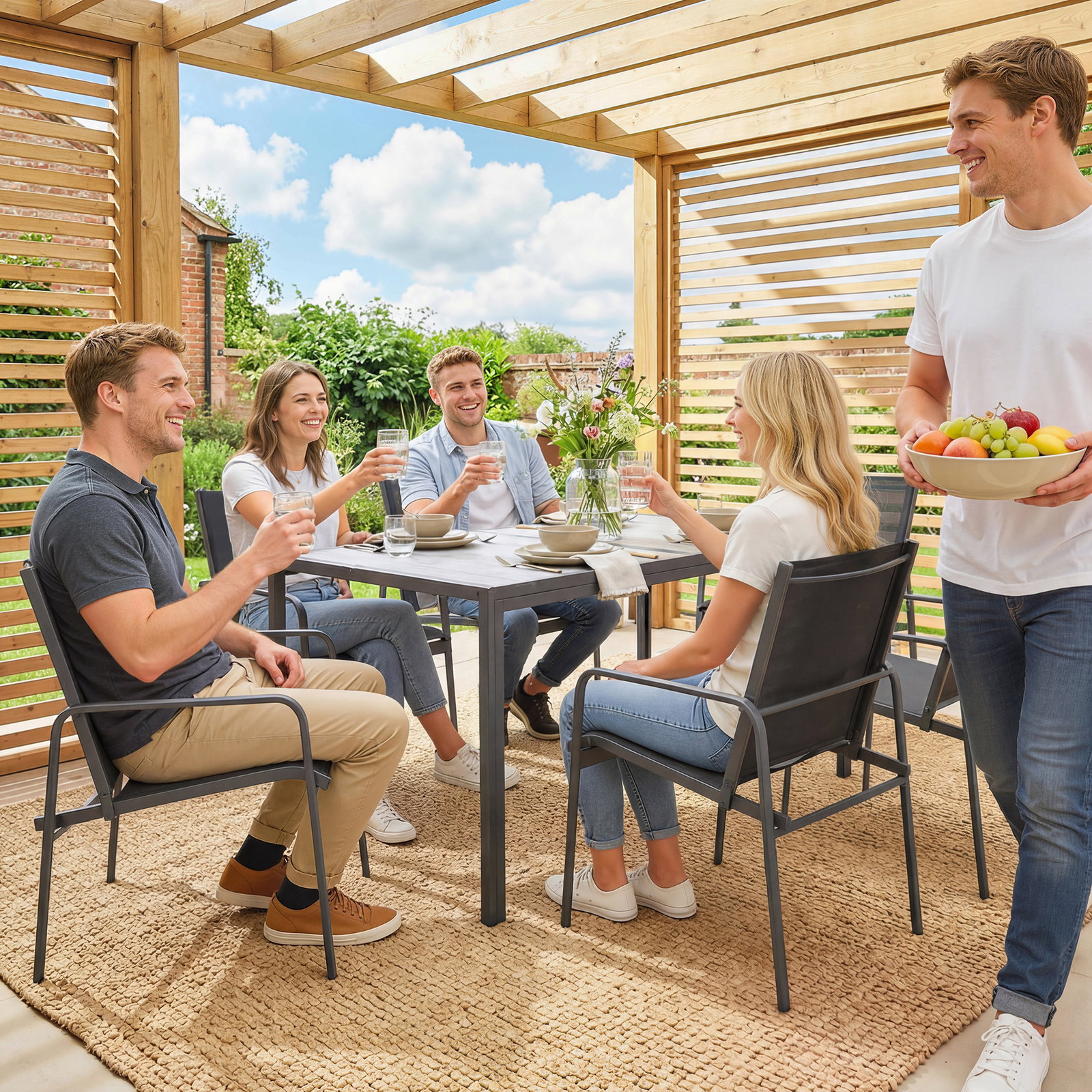 Conjunto de mesa e cadeiras de jardim de 7 peças com mesa com efeito madeira e 6 cadeiras com assento respirável preto