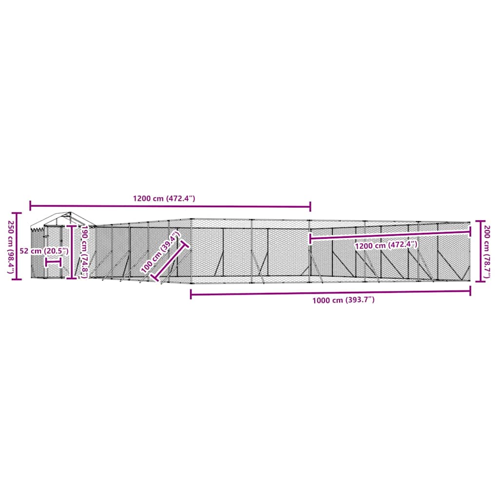 Canil de exterior com teto 12x12x2,5 m aço galvanizado prateado