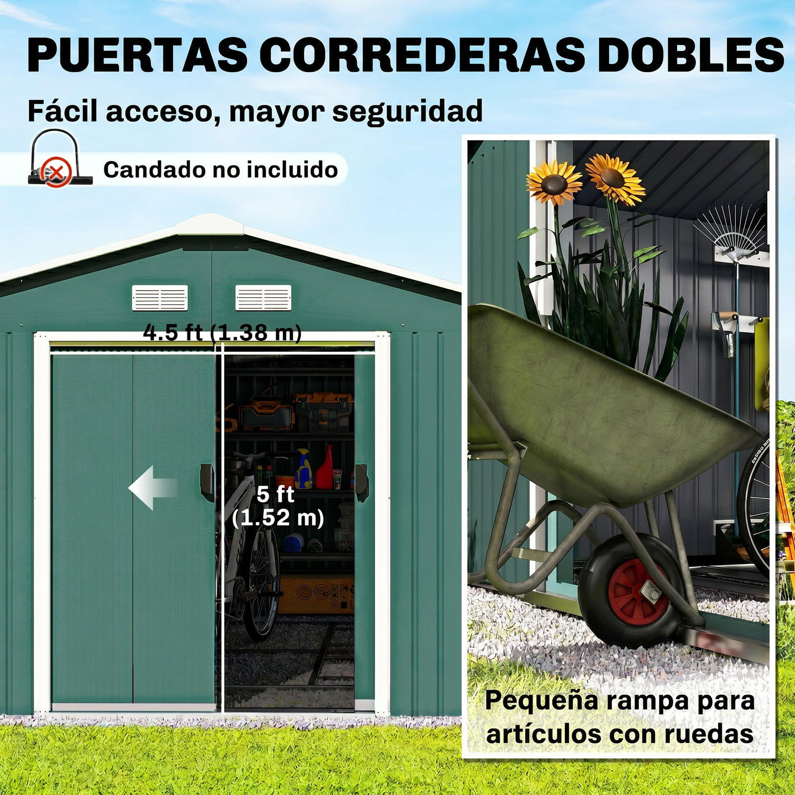 Abrigo de jardim metálico 340x386x200cm abrigo para armazenamento de ferramentas com base de reforço incluida verde