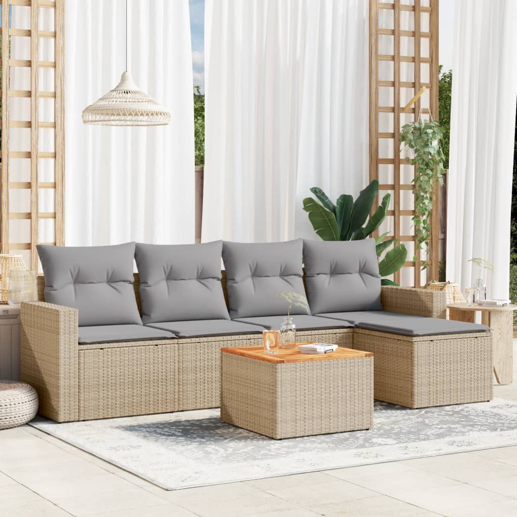 6 Pcs conj. sofás jardim c/ almofadões vime PE bege misturado