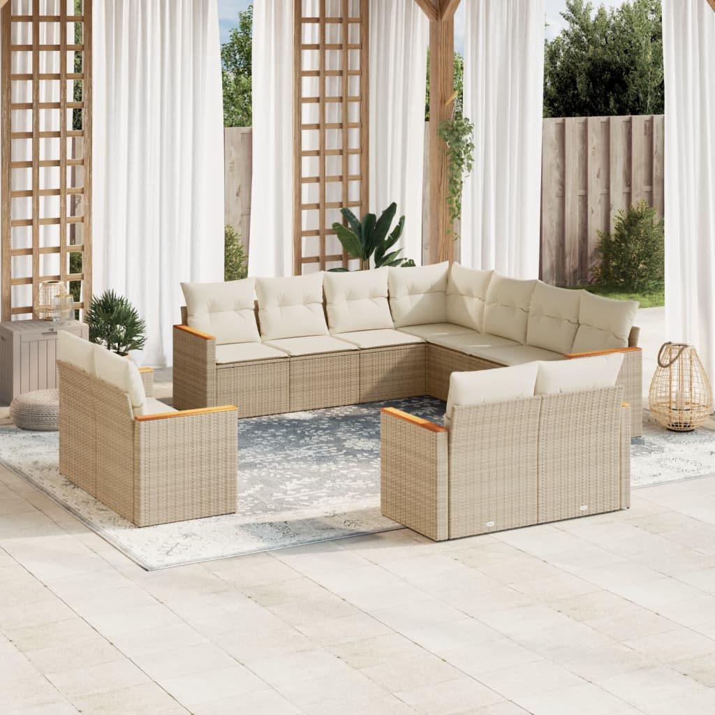 11 Pcs conjunto sofás de jardim c/ almofadões vime PE bege