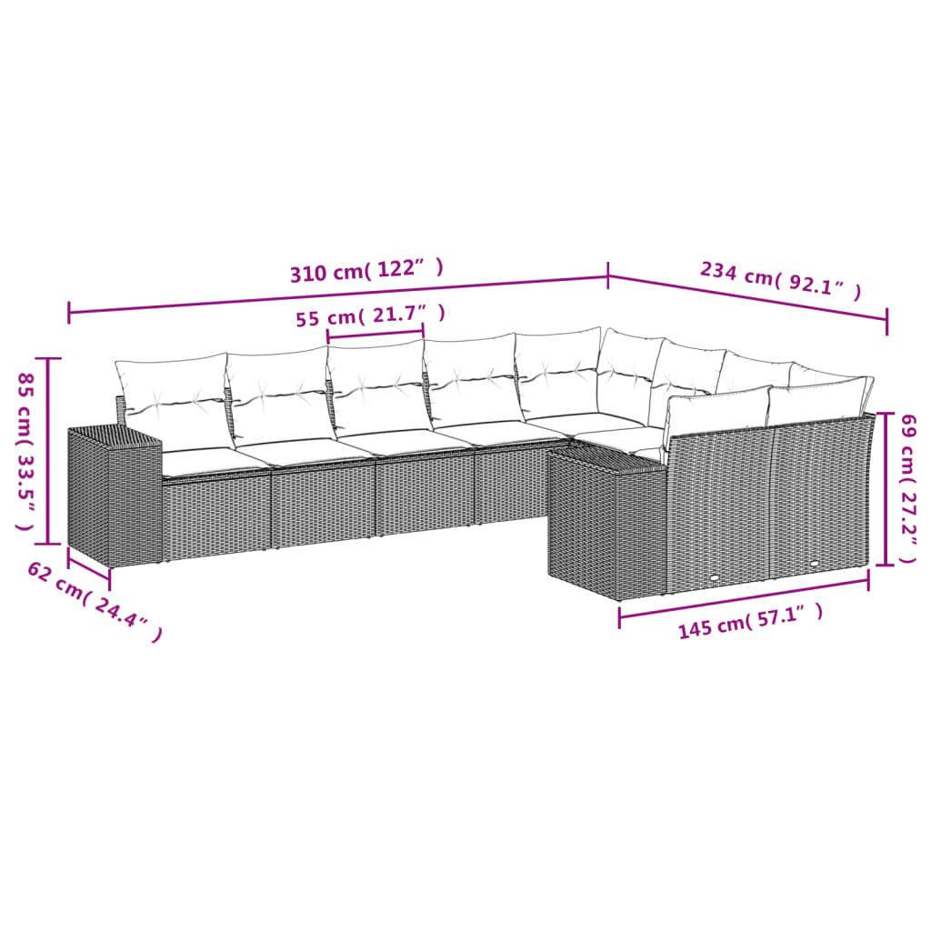9 Pcs conjunto sofás p/ jardim c/ almofadões vime PE castanho