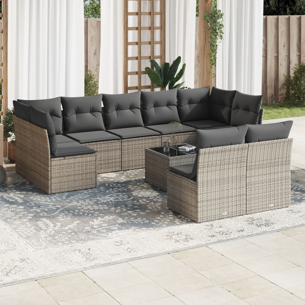 10 Pcs conjunto sofás de jardim c/ almofadões vime PE cinzento