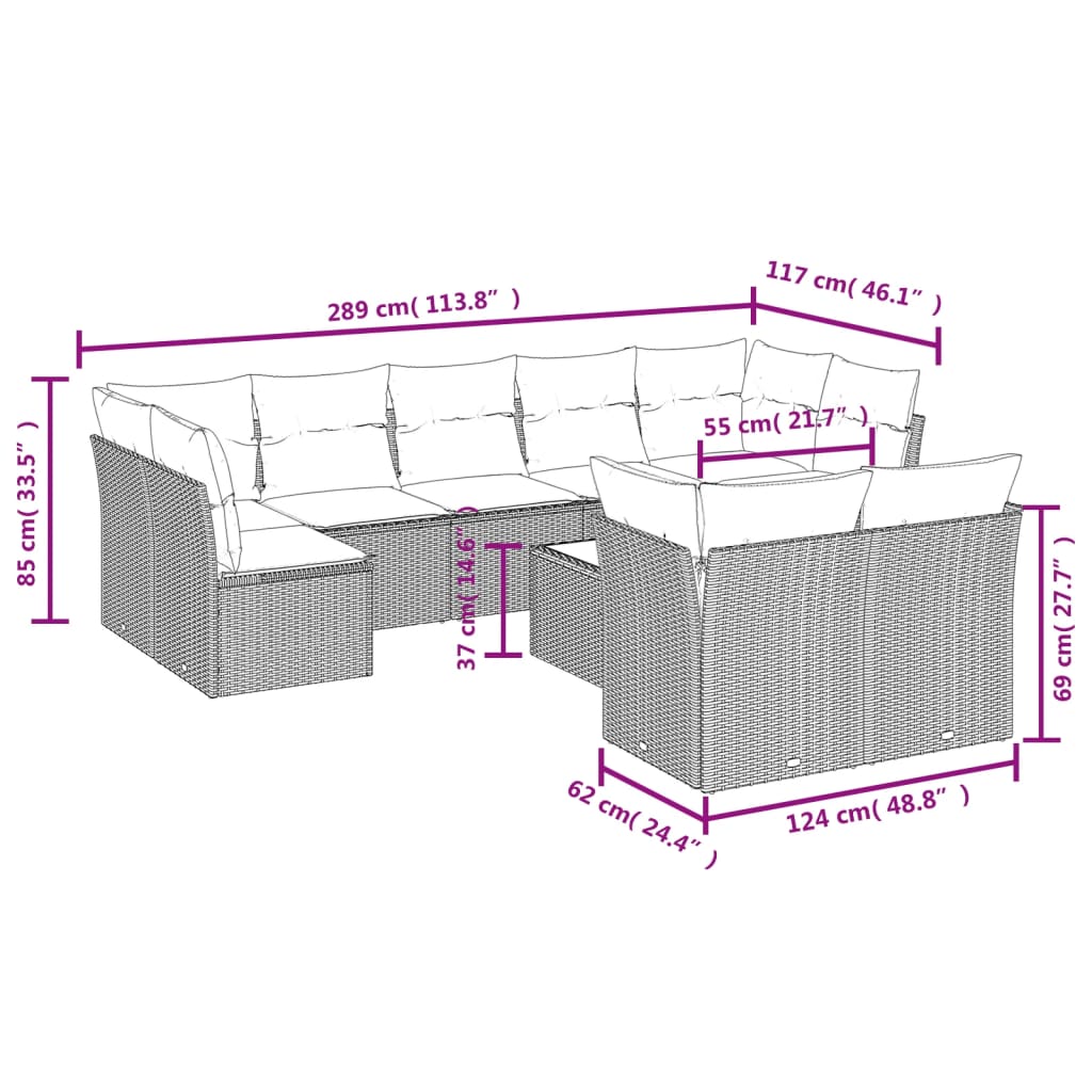 10 Pcs conjunto sofás de jardim c/ almofadões vime PE cinzento