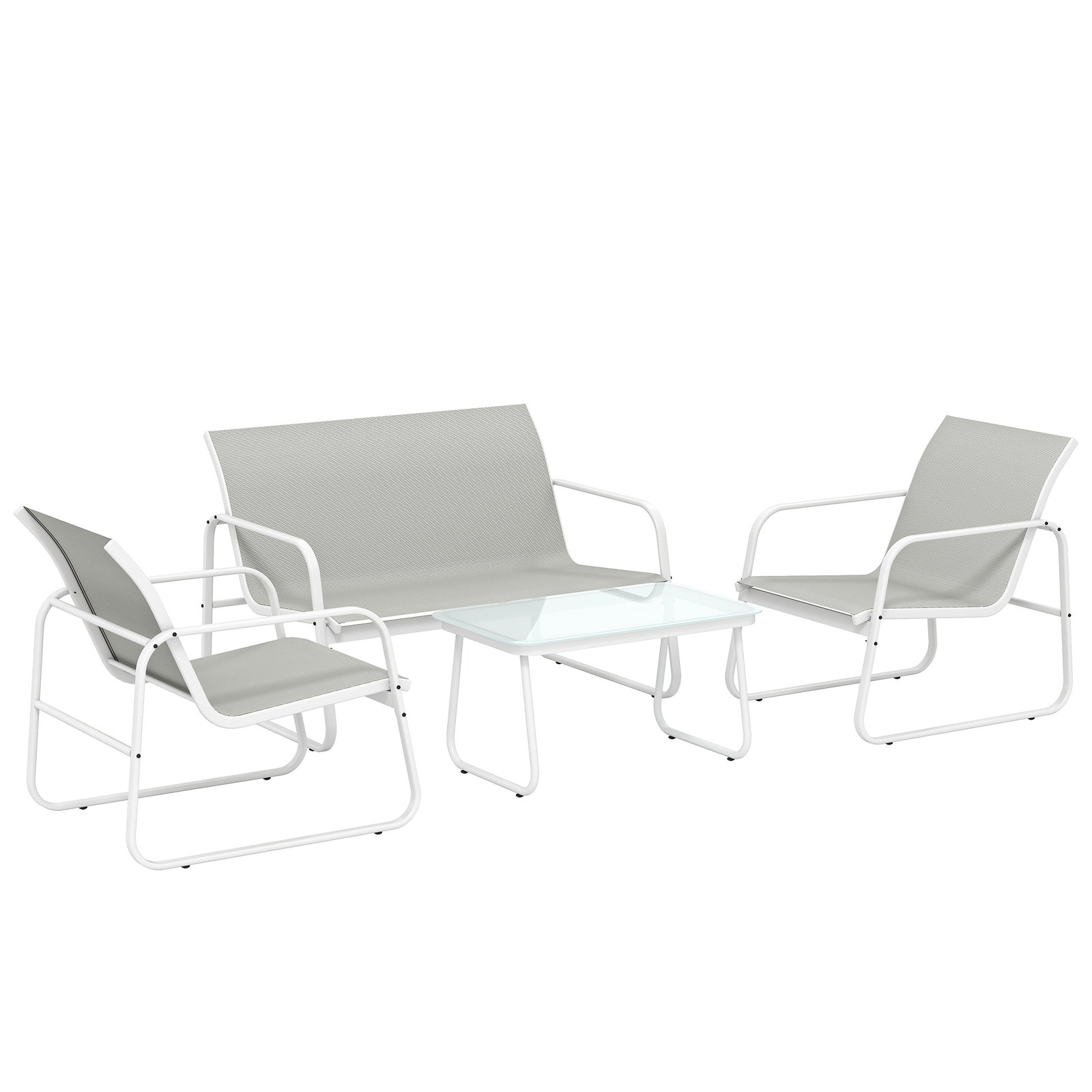 Conjunto de jardim exterior de 4 peças com sofá de 2 lugares, 2 poltronas e mesa de vidro temperado, tecido textilene cinzento claro