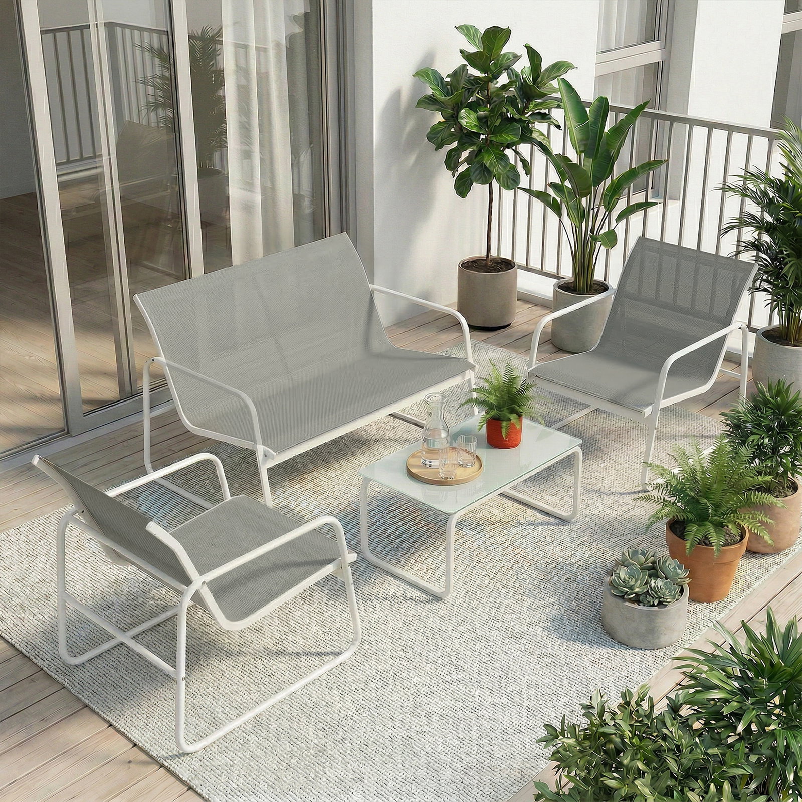 Conjunto de jardim exterior de 4 peças com sofá de 2 lugares, 2 poltronas e mesa de vidro temperado, tecido textilene cinzento claro