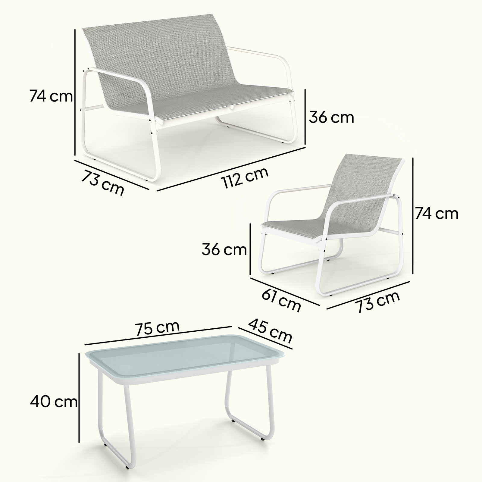 Conjunto de jardim exterior de 4 peças com sofá de 2 lugares, 2 poltronas e mesa de vidro temperado, tecido textilene cinzento claro
