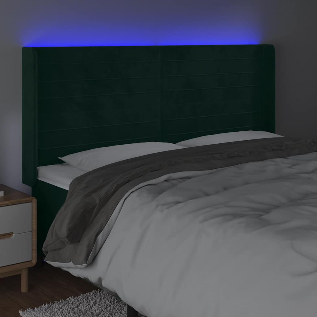Cabeceira de cama c/ LED veludo 183x16x118/128 cm verde-escuro