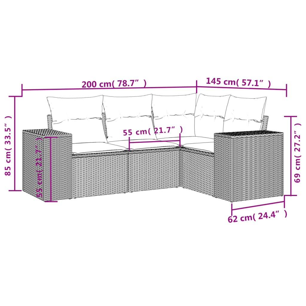 4 Pcs conjunto sofás de jardim c/ almofadões vime PE cinzento
