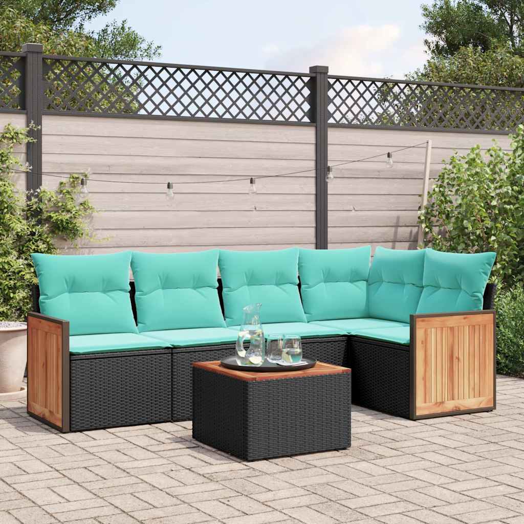 Conjunto de sofá de jardim com 6 peças e almofadas em rattan sintético preto