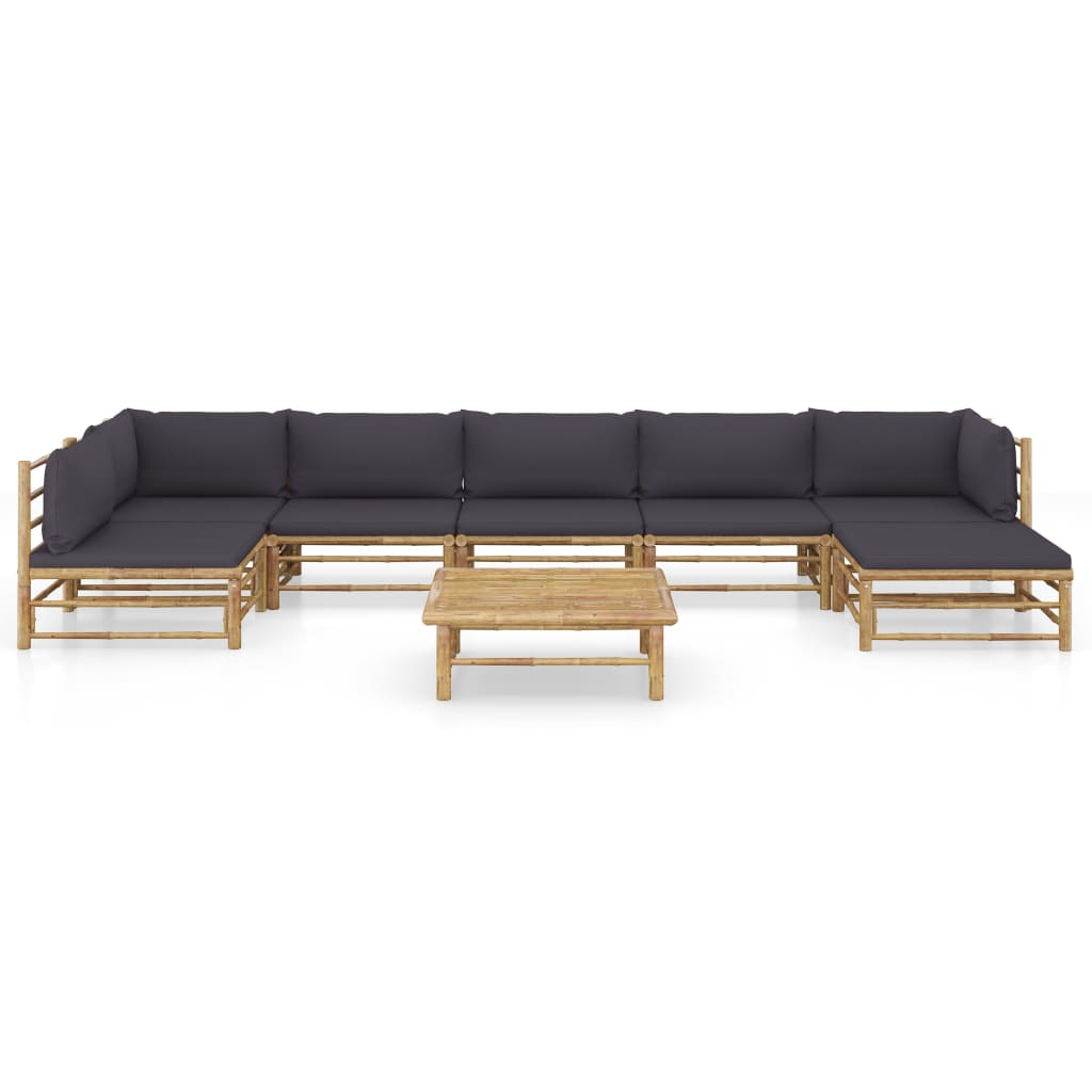 8 Pcs conj. lounge jardim em bambu c/ almofadões cinza-escuro