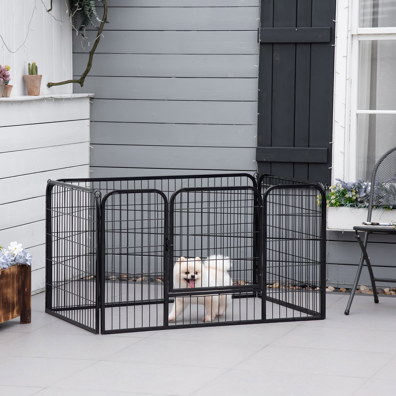 Parque para animais de estimação retangular gaiola para cães 4 paineis de metal com porta e dupla fechadura cerca de treinamento 129x84x70cm preto