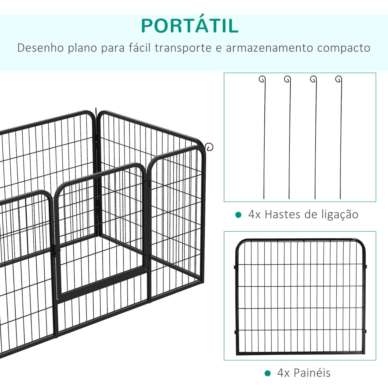 Parque para animais de estimação retangular gaiola para cães 4 paineis de metal com porta e dupla fechadura cerca de treinamento 129x84x70cm preto
